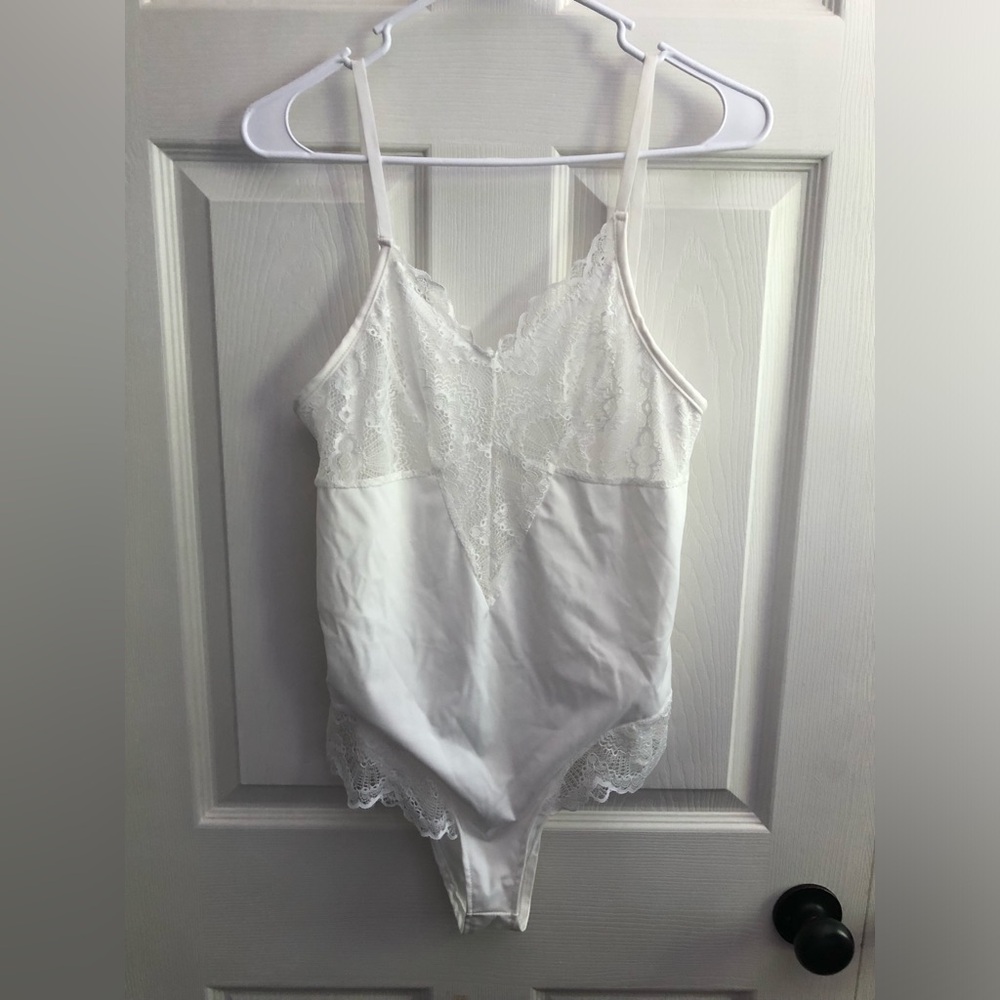 (S) White Satin n Lace Ruffled Bodysuit